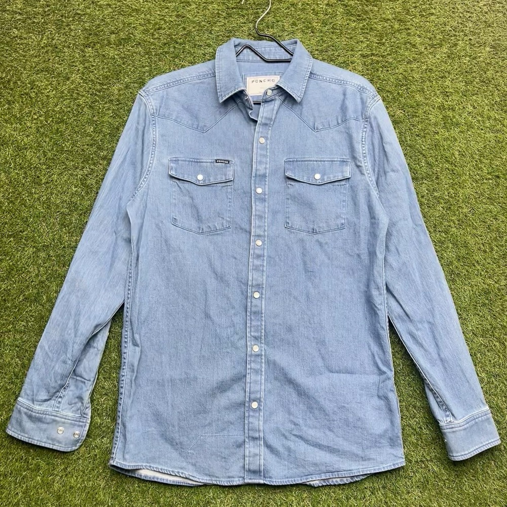 Poncho Denim Shirt Mens Small Western Button Down Pearl Snap Slim Fit Chambray